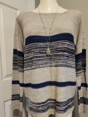 Maurices Navy and Beige Striped Scoop Neck Sweater